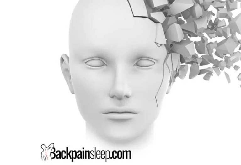 A 3D rendering of a white, featureless human face with the right side breaking into fragmented pieces. Text at the bottom reads "Backpainsleep.com" and hints at relief solutions like an occipital neuralgia pillow to soothe neck pain.