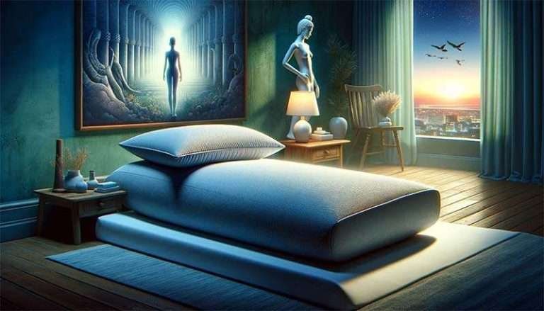 A serene bedroom with a view of a city at sunset; artwork and a mannequin reflect a creative atmosphere.