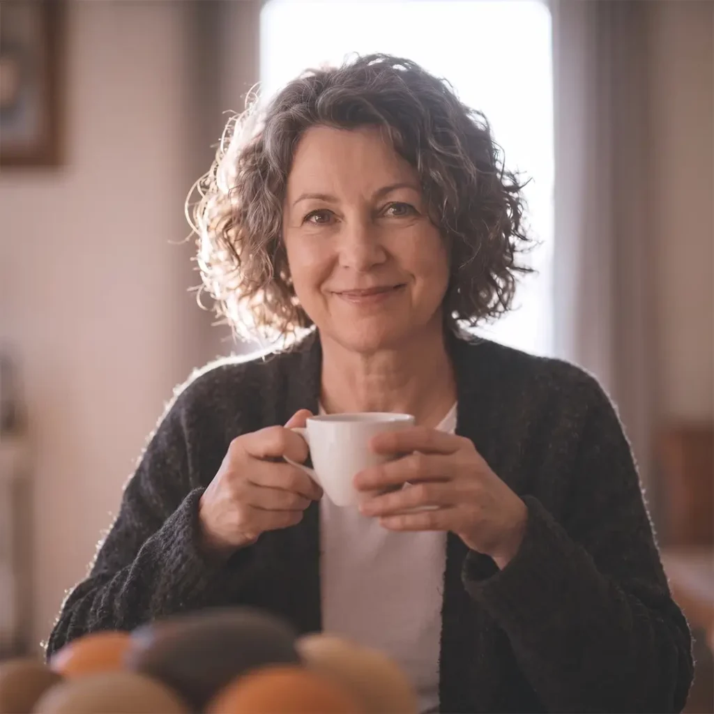 A smiling middle-aged woman with curly, graying hair sitting at a table and holding a white coffee mug with both hands.