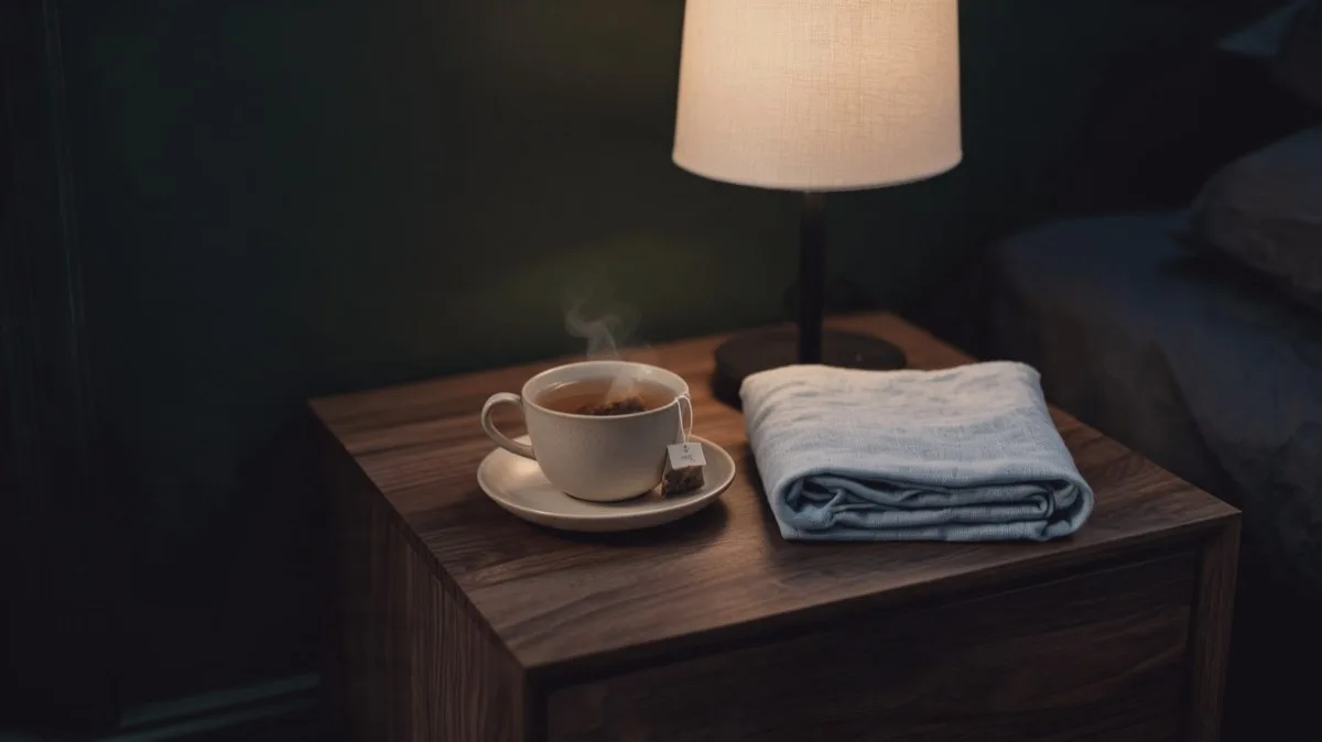 Herbal tea and a cool cloth on a bedside table