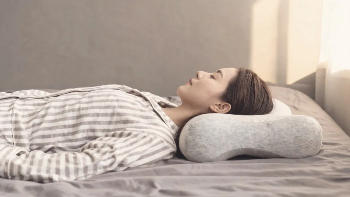 Back sleeper on a medium-low contour pillow with a neutral chin