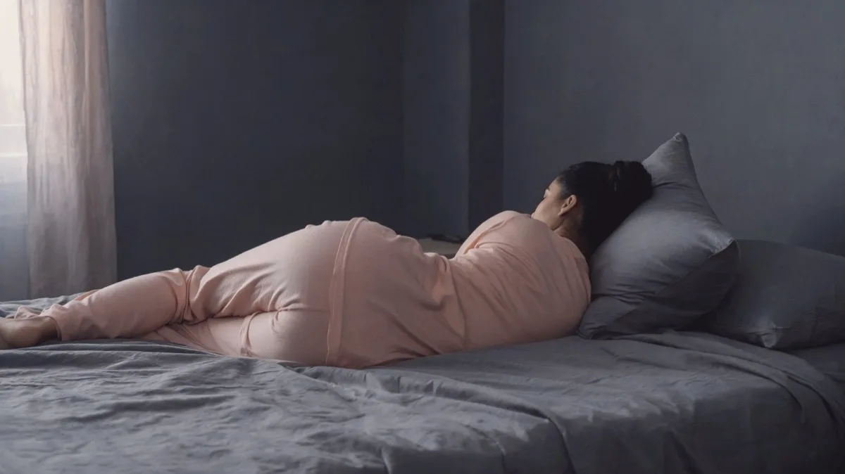 Side sleeping seen from behind with head level and spine straight