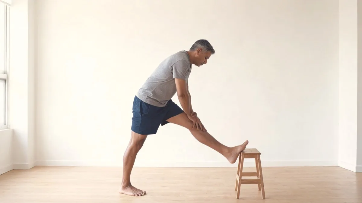 Standing hamstring stretch with heel propped on a low stool