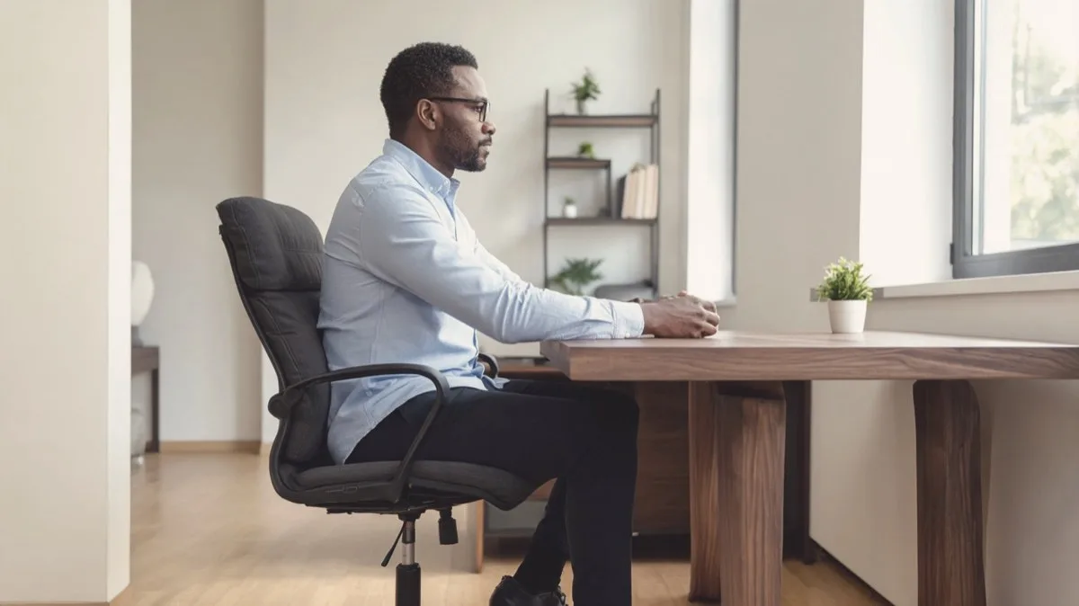 Upright sitting posture at a desk: feet flat, hips above knees