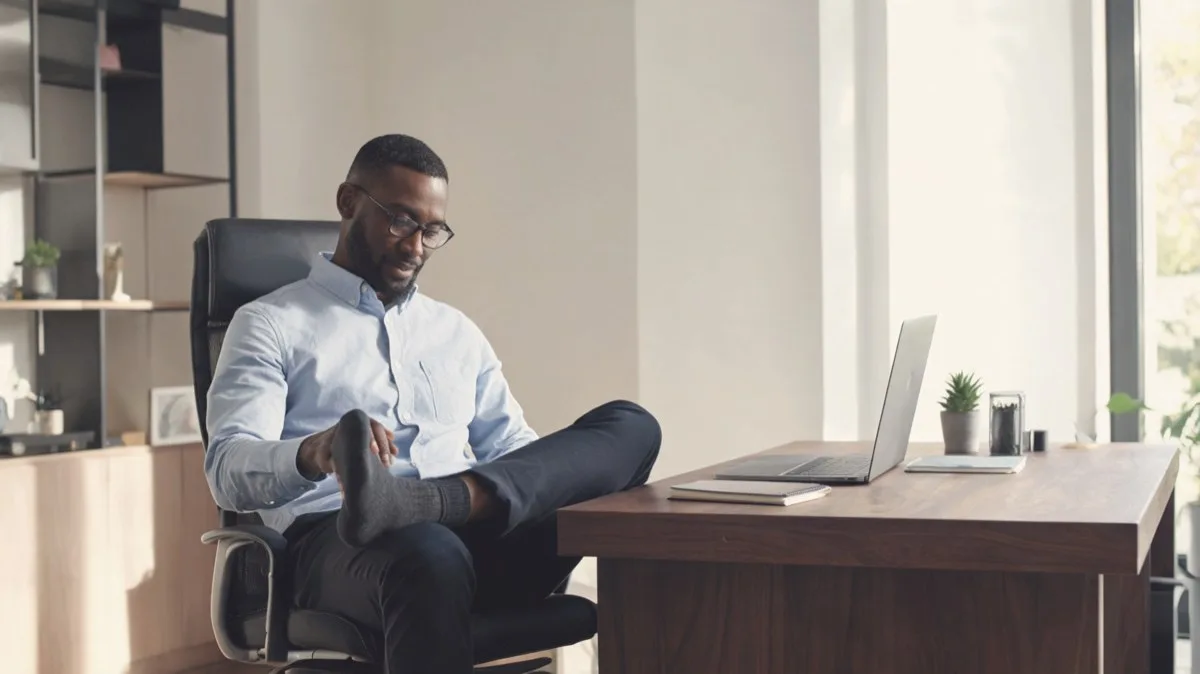 Seated figure-four stretch at a desk