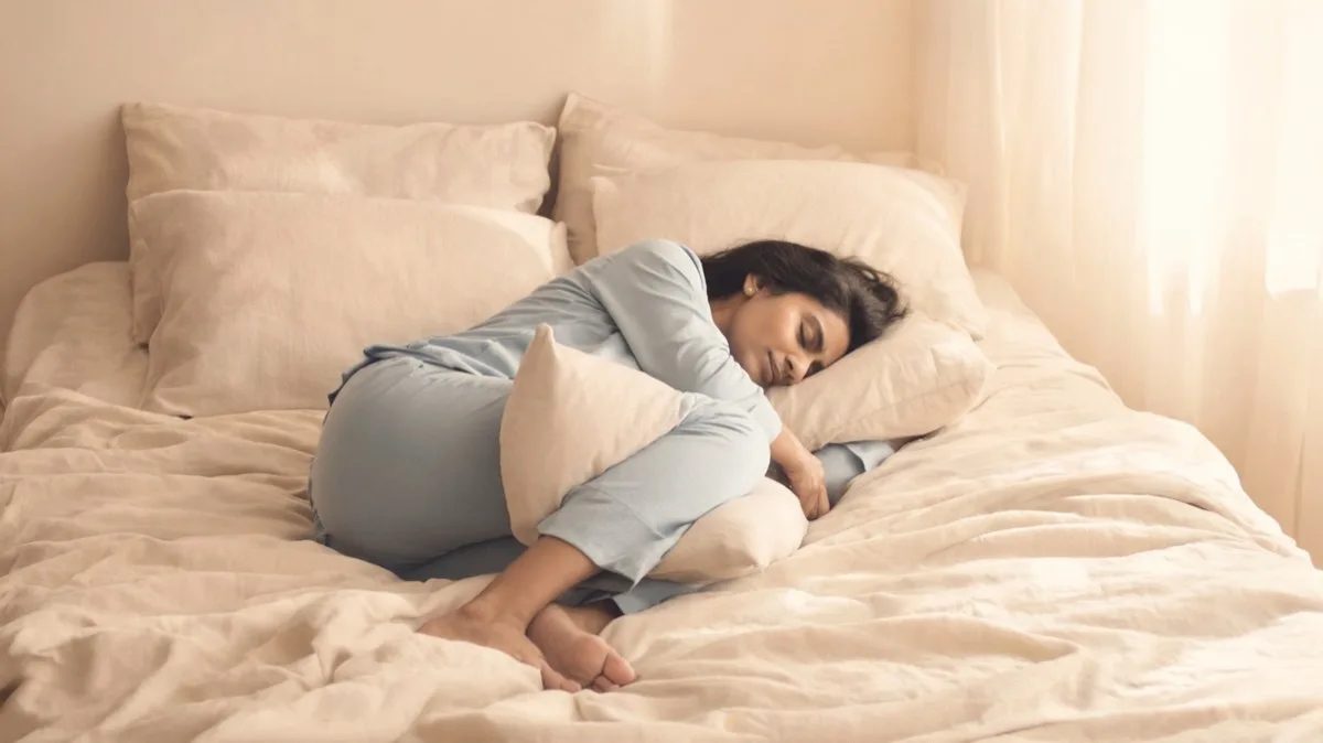 Gentle fetal position with a pillow between drawn-up knees